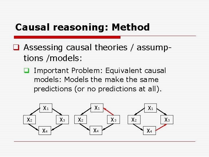 Causal reasoning: Method q Assessing causal theories / assump tions /models: q Important Problem: