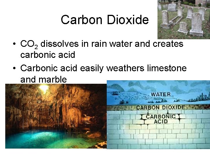 Carbon Dioxide • CO 2 dissolves in rain water and creates carbonic acid •