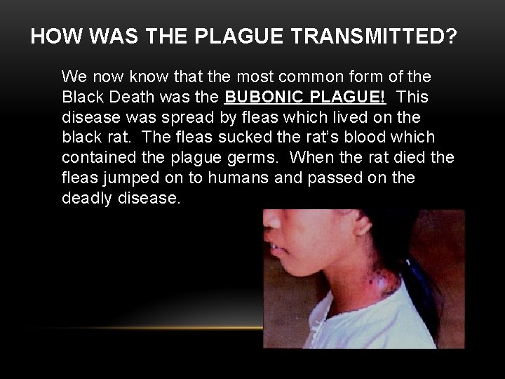 HOW WAS THE PLAGUE TRANSMITTED? We now know that the most common form of