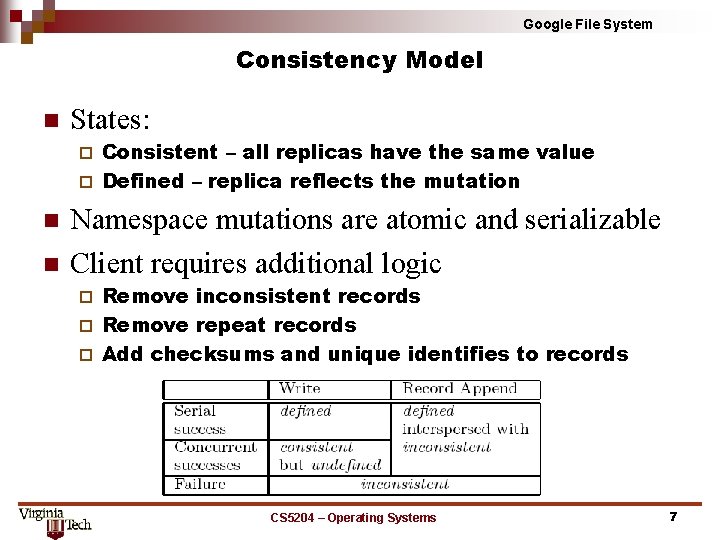 Google File System Consistency Model n States: Consistent – all replicas have the same Google File System Consistency Model n States: Consistent – all replicas have the same