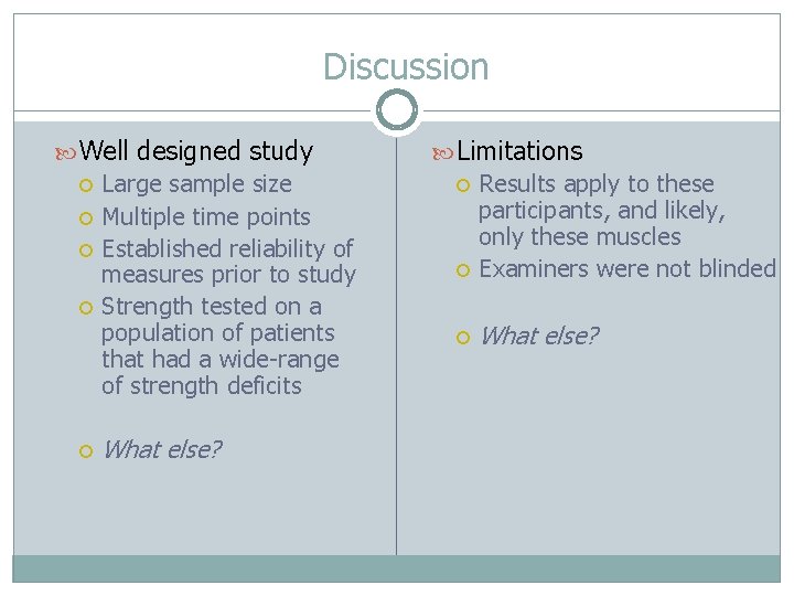 Discussion Well designed study Large sample size Multiple time points Established reliability of measures