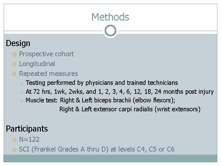 Methods Design Prospective cohort Longitudinal Repeated measures Testing performed by physicians and trained technicians