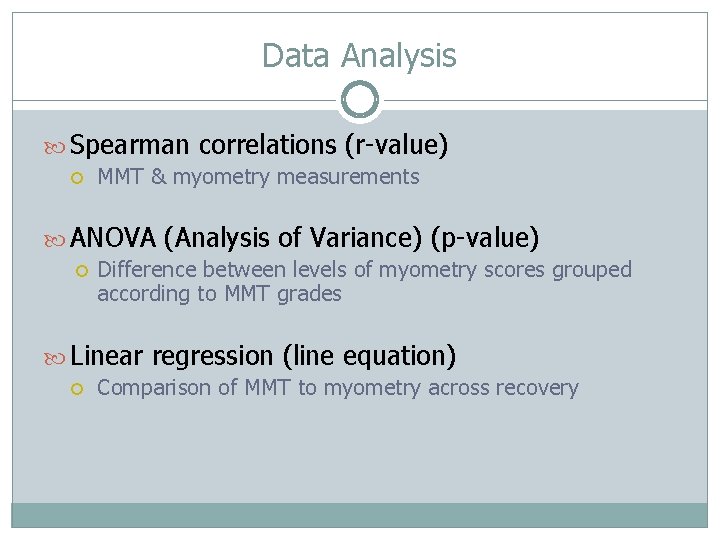 Data Analysis Spearman correlations (r-value) MMT & myometry measurements ANOVA (Analysis of Variance) (p-value)