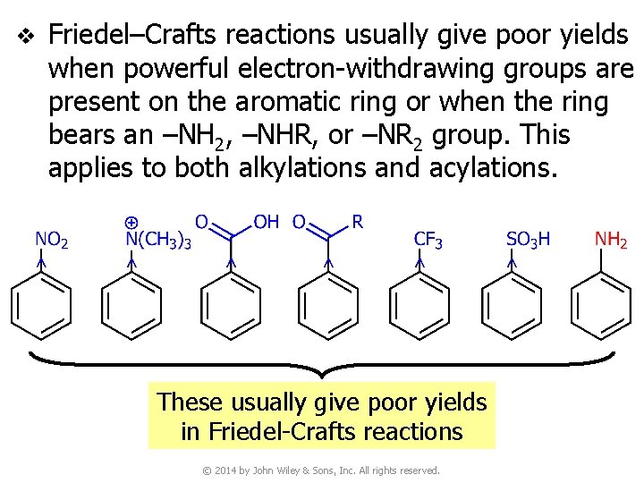 v Friedel–Crafts reactions usually give poor yields when powerful electron-withdrawing groups are present on