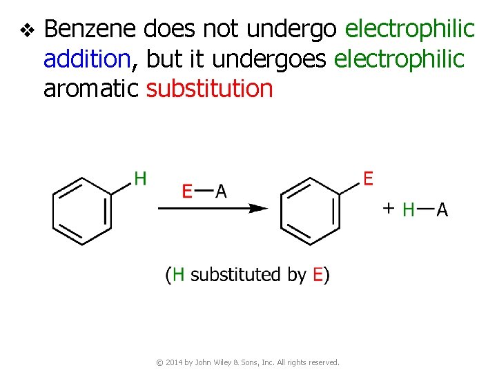 v Benzene does not undergo electrophilic addition, but it undergoes electrophilic aromatic substitution ©