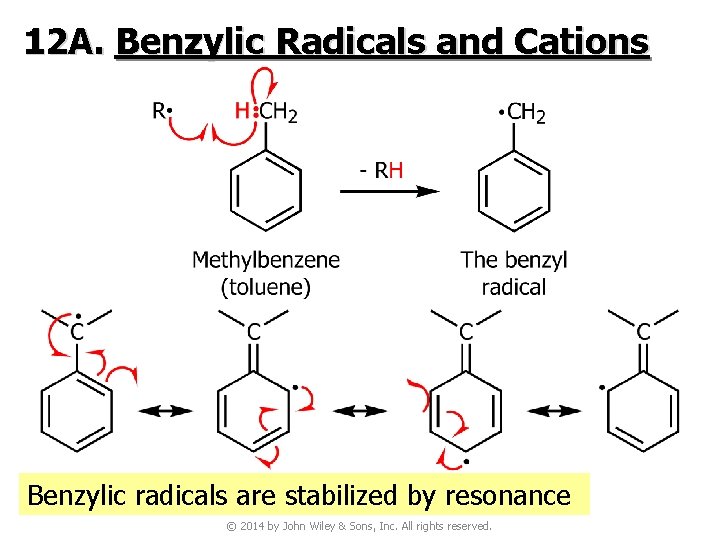 12 A. Benzylic Radicals and Cations Benzylic radicals are stabilized by resonance © 2014