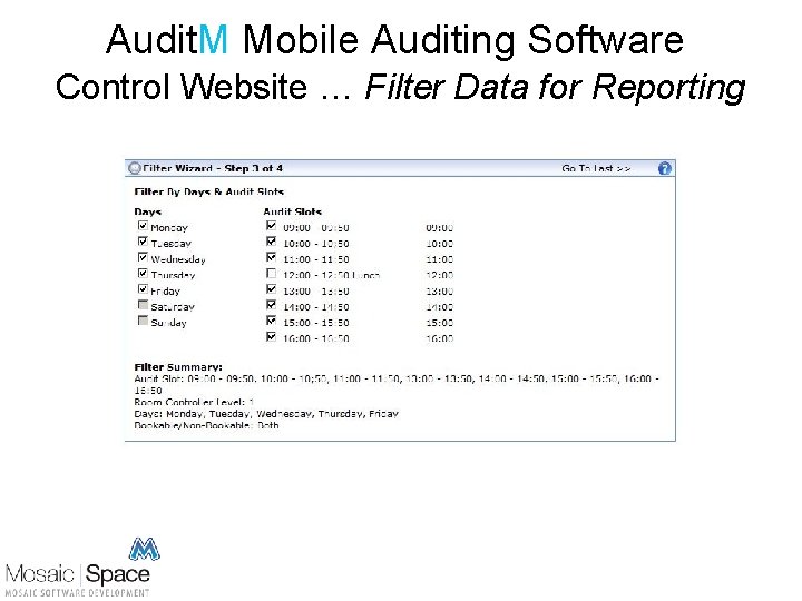 Audit. M Mobile Auditing Software Control Website … Filter Data for Reporting 