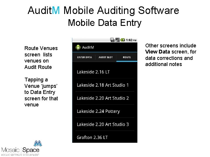 Audit. M Mobile Auditing Software Mobile Data Entry Route Venues screen lists venues on