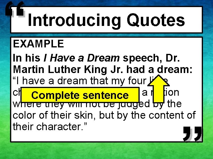 “ Introducing Quotes EXAMPLE In his I Have a Dream speech, Dr. Martin Luther “ Introducing Quotes EXAMPLE In his I Have a Dream speech, Dr. Martin Luther