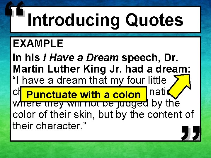 “ Introducing Quotes EXAMPLE In his I Have a Dream speech, Dr. Martin Luther “ Introducing Quotes EXAMPLE In his I Have a Dream speech, Dr. Martin Luther