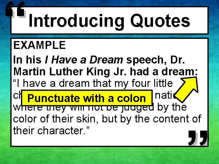 “ Introducing Quotes EXAMPLE In his I Have a Dream speech, Dr. Martin Luther