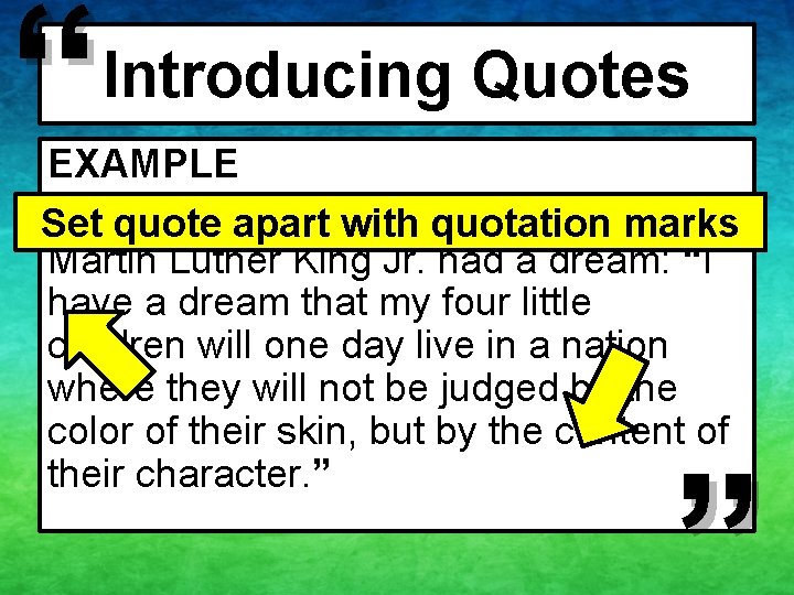 “ Introducing Quotes EXAMPLE In his I Have a Dream speech, Dr. Set quote