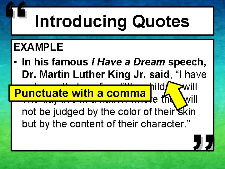 “ Introducing Quotes EXAMPLE • In his famous I Have a Dream speech, Dr.