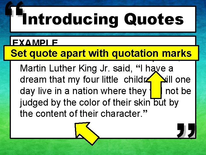 “ Introducing Quotes EXAMPLE Set apart withaquotation marks • In quote his famous I