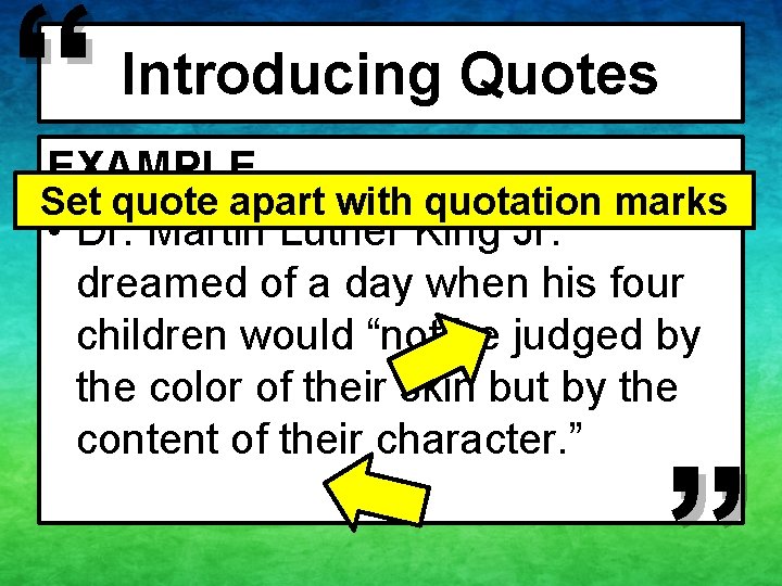 “ Introducing Quotes EXAMPLE Set quote apart with quotation marks • Dr. Martin Luther