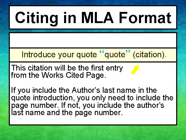 Citing in MLA Format Introduce your quote “quote” (citation). This citation will be the