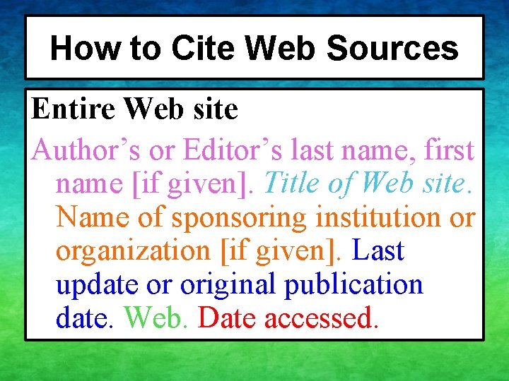 How to Cite Web Sources Entire Web site Author’s or Editor’s last name, first