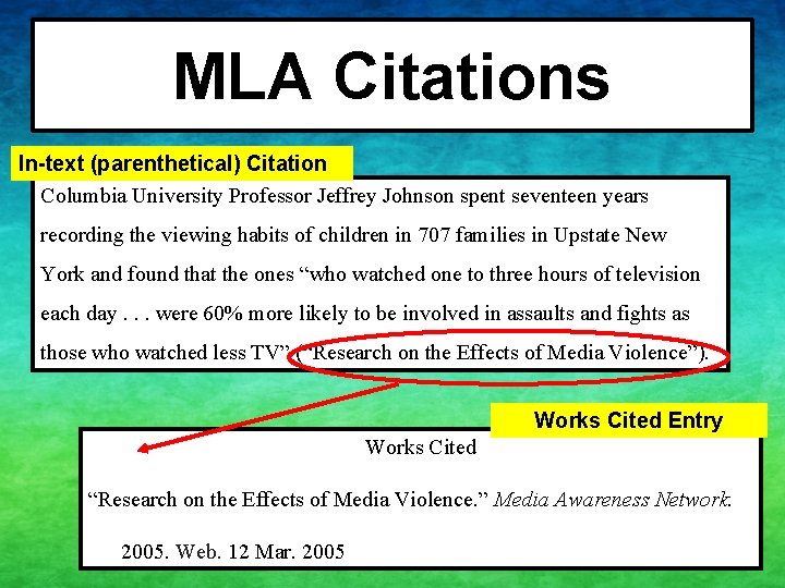 MLA Citations In-text (parenthetical) Citation Columbia University Professor Jeffrey Johnson spent seventeen years recording