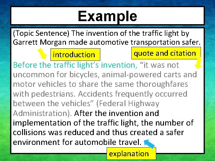 Example (Topic Sentence) The invention of the traffic light by Garrett Morgan made automotive Example (Topic Sentence) The invention of the traffic light by Garrett Morgan made automotive