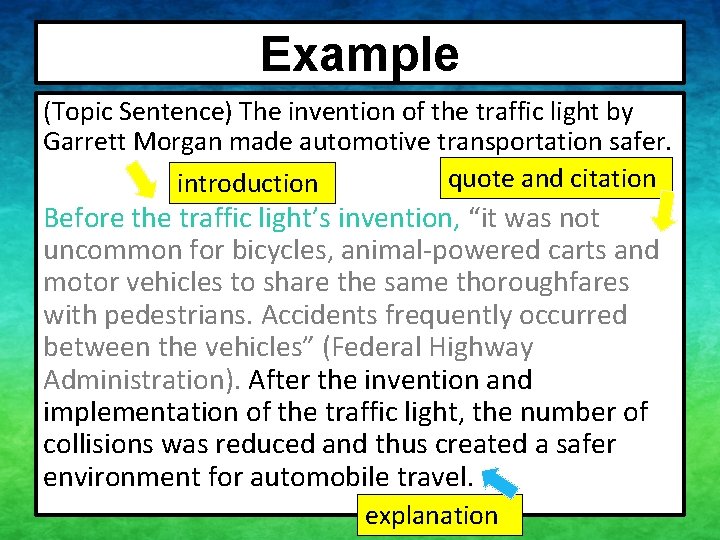 Example (Topic Sentence) The invention of the traffic light by Garrett Morgan made automotive