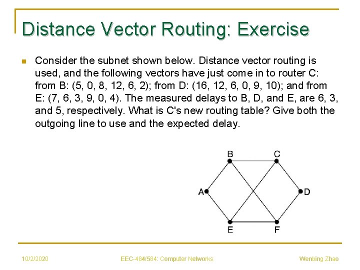Distance Vector Routing: Exercise n Consider the subnet shown below. Distance vector routing is