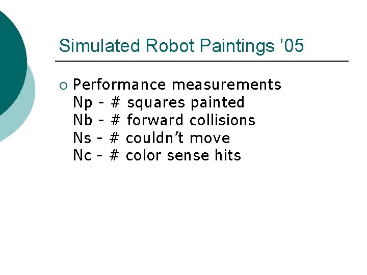 Simulated Robot Paintings ’ 05 ¡ Performance measurements Np - # squares painted Nb