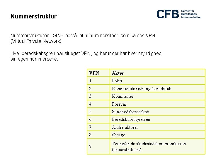 Nummerstrukturen i SINE består af ni nummersiloer, som kaldes VPN (Virtual Private Network). Hver