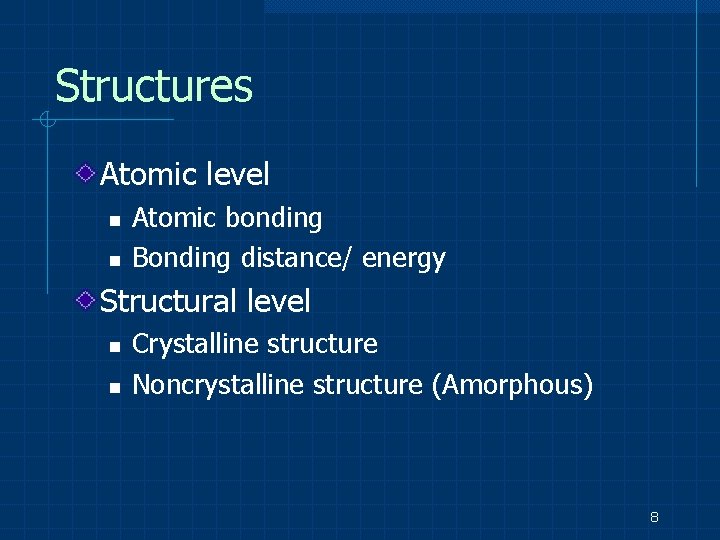 Structures Atomic level n n Atomic bonding Bonding distance/ energy Structural level n n