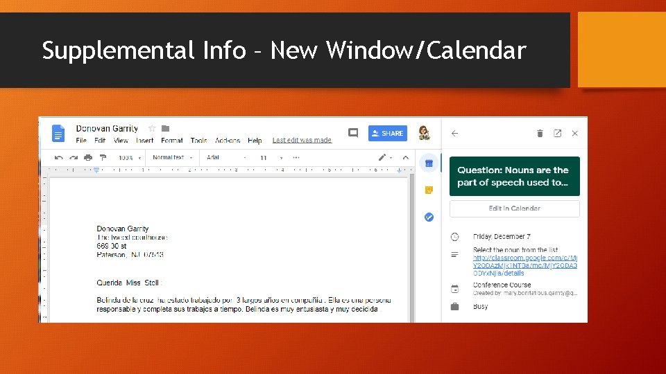 Supplemental Info – New Window/Calendar 