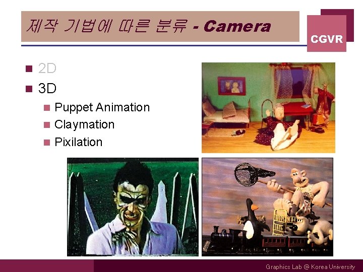 제작 기법에 따른 분류 - Camera CGVR 2 D n 3 D n Puppet