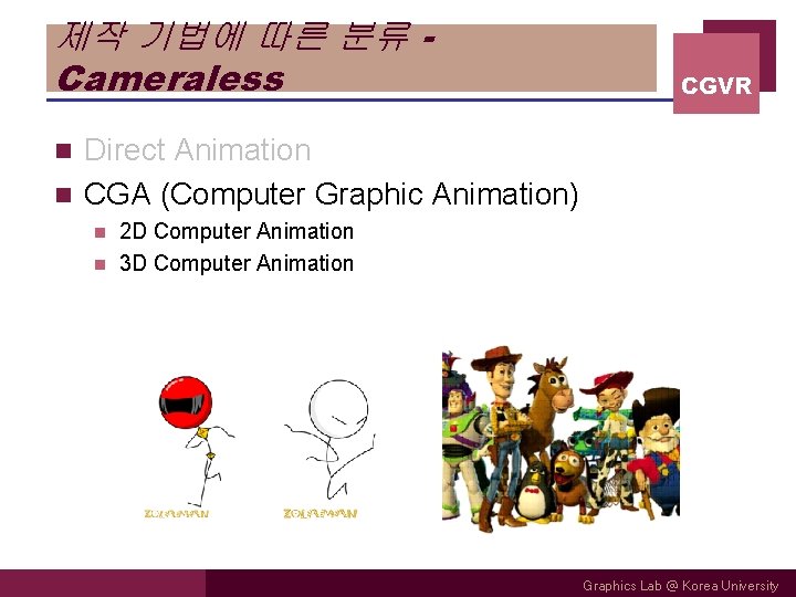 제작 기법에 따른 분류 Cameraless CGVR Direct Animation n CGA (Computer Graphic Animation) n 제작 기법에 따른 분류 Cameraless CGVR Direct Animation n CGA (Computer Graphic Animation) n