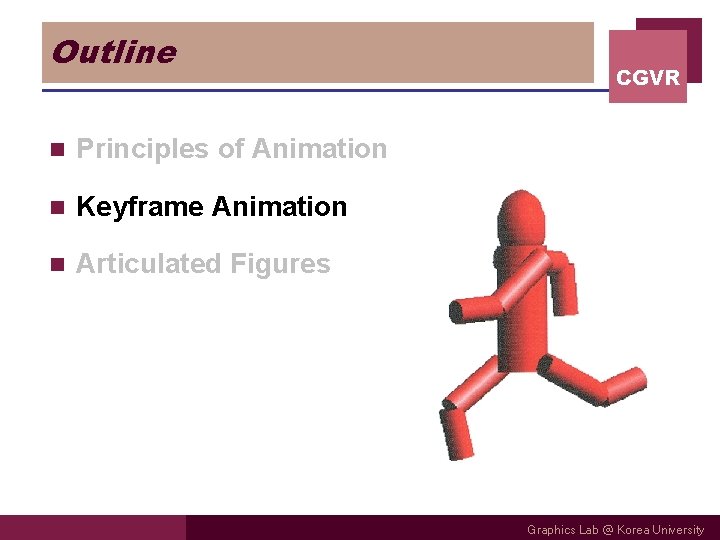 Outline n Principles of Animation n Keyframe Animation n Articulated Figures CGVR Graphics Lab Outline n Principles of Animation n Keyframe Animation n Articulated Figures CGVR Graphics Lab