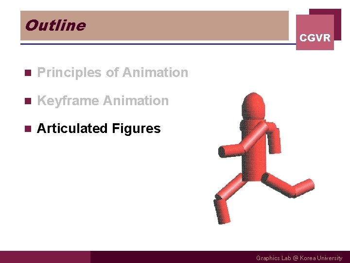 Outline n Principles of Animation n Keyframe Animation n Articulated Figures CGVR Graphics Lab Outline n Principles of Animation n Keyframe Animation n Articulated Figures CGVR Graphics Lab