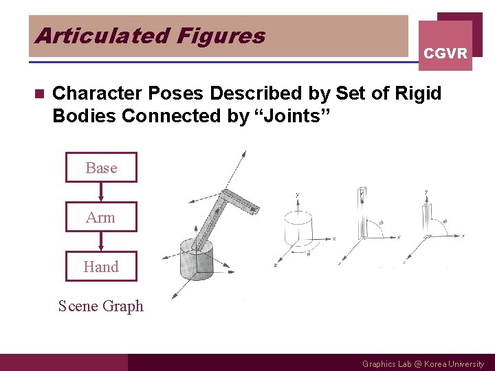 Articulated Figures n CGVR Character Poses Described by Set of Rigid Bodies Connected by