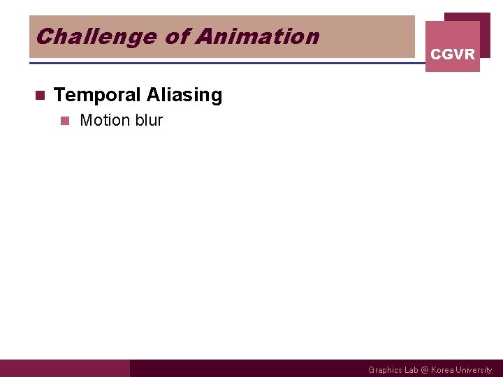 Challenge of Animation n CGVR Temporal Aliasing n Motion blur Graphics Lab @ Korea