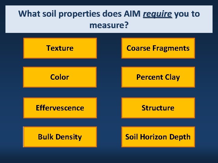 What soil properties does AIM require you to measure? Texture Coarse Fragments Color Percent