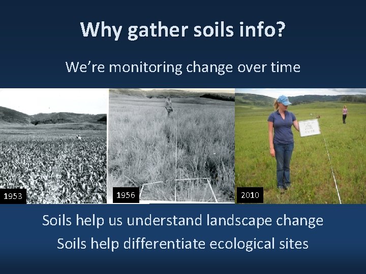 Why gather soils info? We’re monitoring change over time 1953 1956 2010 Soils help