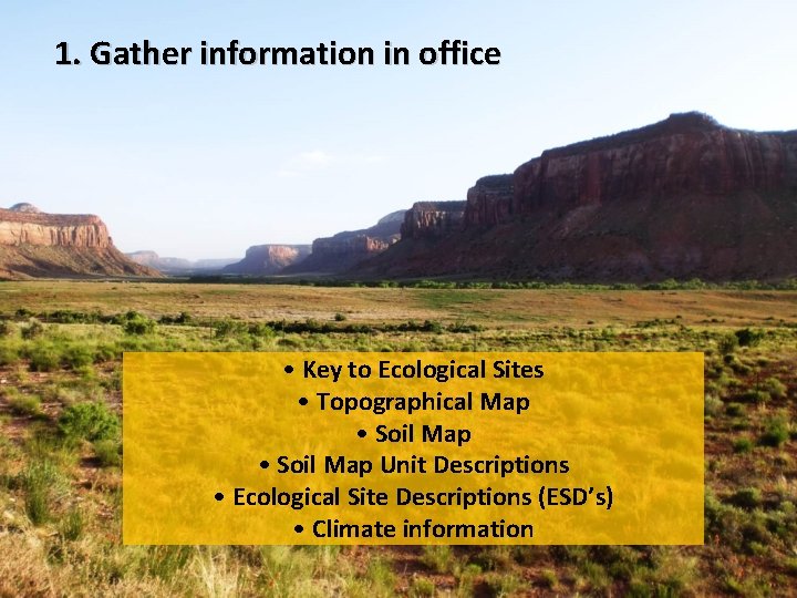 1. Gather information in office • Key to Ecological Sites • Topographical Map •