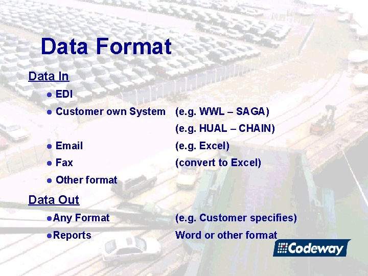Data Format Data In l EDI l Customer own System (e. g. WWL –