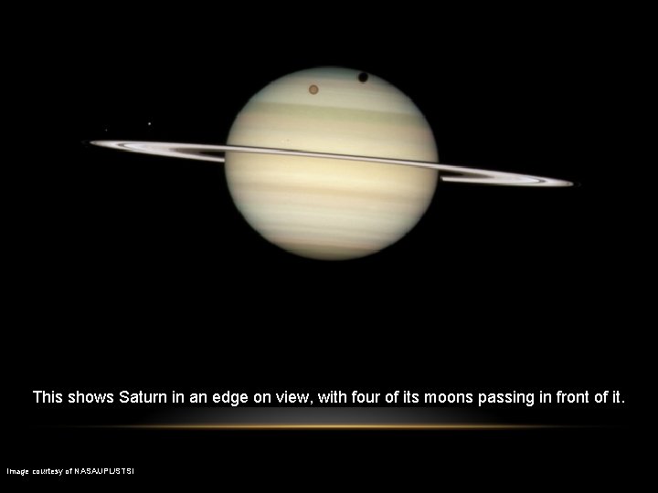 This shows Saturn in an edge on view, with four of its moons passing