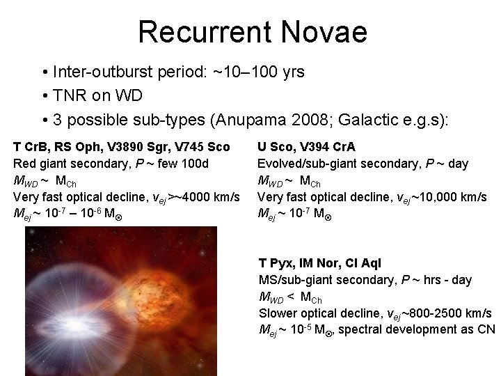 Recurrent Novae • Inter-outburst period: ~10– 100 yrs • TNR on WD • 3
