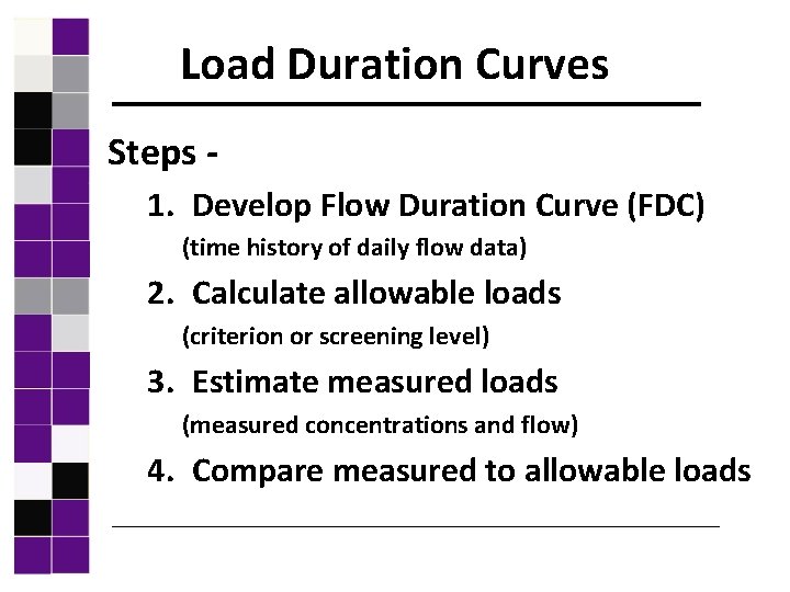 Load Duration Curves Steps 1. Develop Flow Duration Curve (FDC) (time history of daily