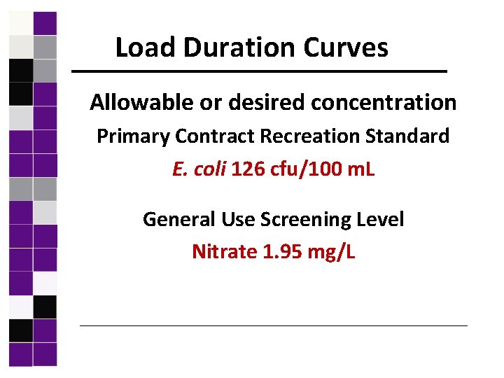 Load Duration Curves Allowable or desired concentration Primary Contract Recreation Standard E. coli 126