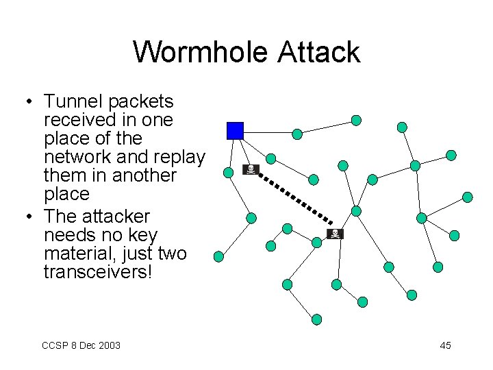 Wormhole Attack • Tunnel packets received in one place of the network and replay