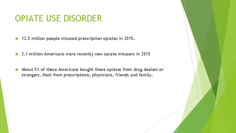 OPIATE USE DISORDER 12. 5 million people misused prescription opiates in 2015. 2. 1