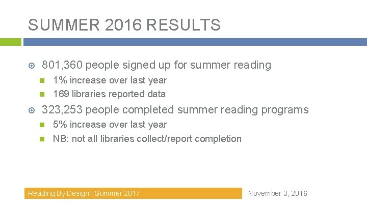 SUMMER 2016 RESULTS 801, 360 people signed up for summer reading 1% increase over