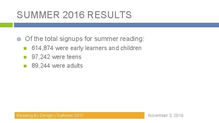 SUMMER 2016 RESULTS Of the total signups for summer reading: 614, 874 were early