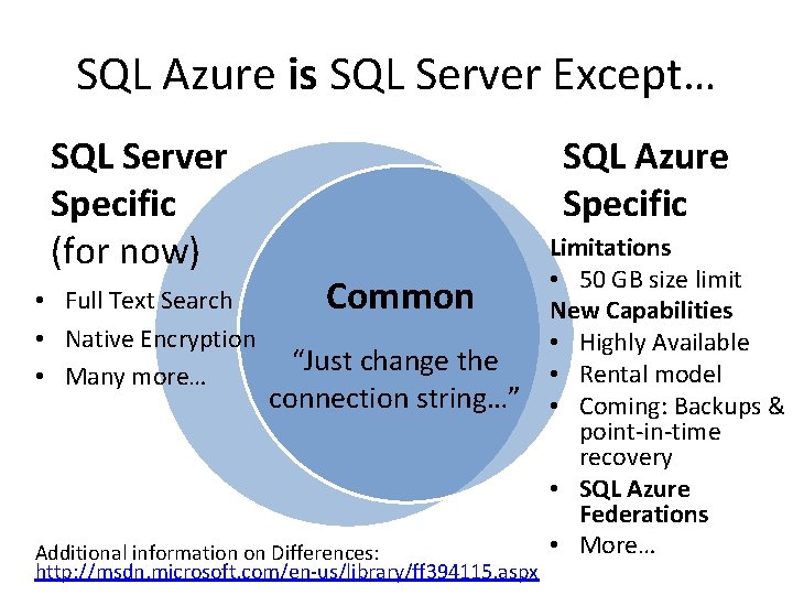 SQL Azure is SQL Server Except… SQL Server Specific (for now) • Full Text