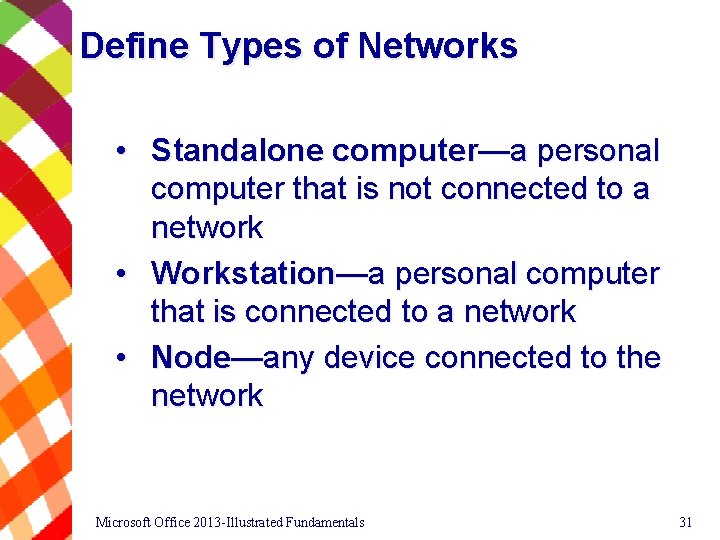Define Types of Networks • Standalone computer—a personal computer that is not connected to