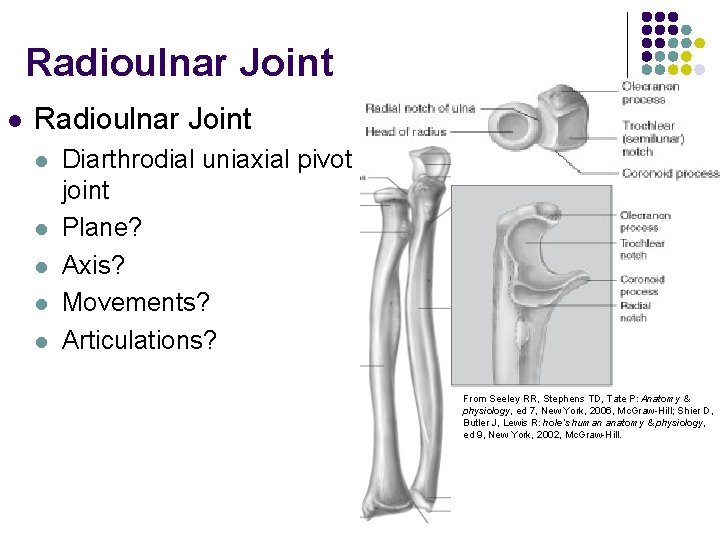 Radioulnar Joint l l l Diarthrodial uniaxial pivot joint Plane? Axis? Movements? Articulations? From